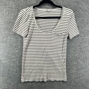 Club Monaco Shirt Womens Small Black White Striped Tshirt Vneck Stretch Boho